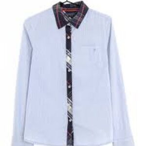 Tommy Hilfiger Light Blue Button-Down Shirt with Navy Plaid Trim